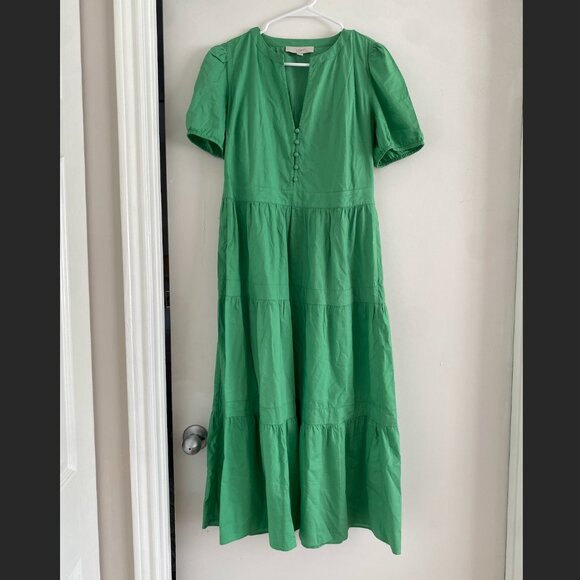 Ann Taylor LOFT Puff Sleeve Tiered Midi Dress – Green, Size 8 - Picture 1 of 4